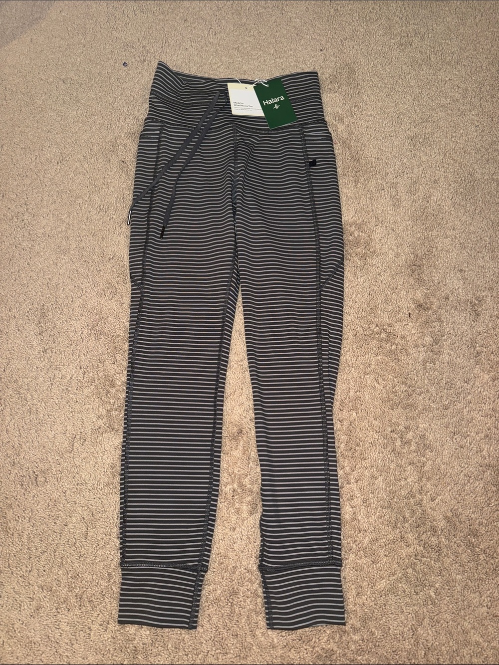 HALARA Black & White Striped Leggings with Drawstring